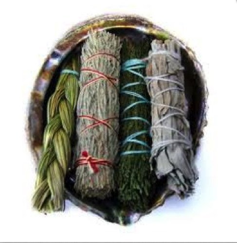 Offerings Smudge Kit includes Large Abalone Shell, Sweetgrass Braid, White Sage, Desert Sage, Cedar Sage Sticks plus Sand