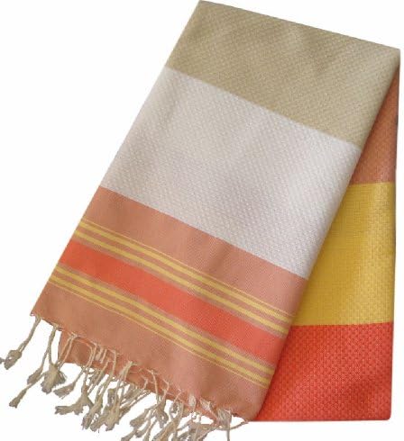 Scents and Feel 100-Percent Cotton Multicolor Pareo Fouta Towel in Honey Comb Weave, Yellow/Salmon/Taupe