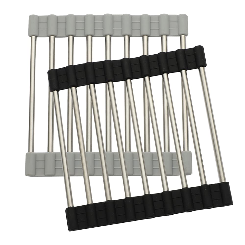 CLVPAI Stainless Steel Steam-Cooling Rack, X Shape, Multifunctional, Silicone Band for Even and Fast Cooling, 15*15.5cm, 2 Pcs (Black, Grey)