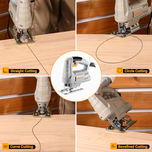 Electric Jigsaw: DEKOPRO 400W Wood Saw Jigsaw Reciprocating Jigsaws, 6 Variable Speeds 0-3000 SPM, ±45° Inclined Cut with 8 Blades for Wood, Metal and Plastic