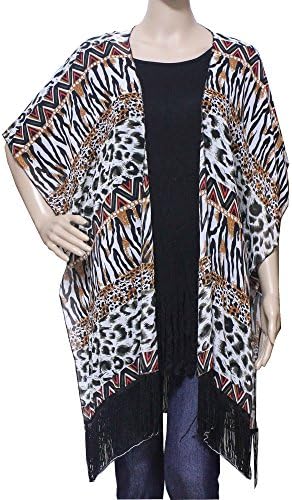 Kimono with Aztecs Fringe Leopard Print Cardigan Blouses Tribal Print 3175-14121204