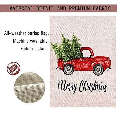 OZMI Merry Christmas Garden Flag, Xmas Double Sided Burlap Red Truck with Snow Winter Flag, Rustic Merry Christmas Decoration New Year Seasonal Outdoor Flag 12 x 18 for Holiday