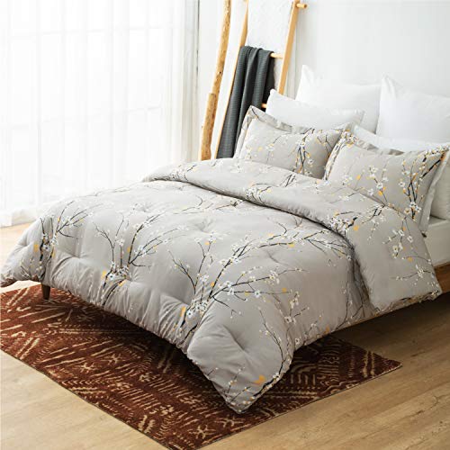 Bedsure Comforter Set King Size - Down Alternative Comforter, Microfiber Duvet Sets - 3-Piece (1 Comforter + 2 Pillow Shams), Plum Blossom Pattern, Grey - Thumbnail 7