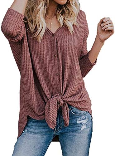 Womens Waffle Knit Tunic Blouse Tie Knot Henley Tops Long Sleeve Button Down Front Bat Wing Plain Shirts