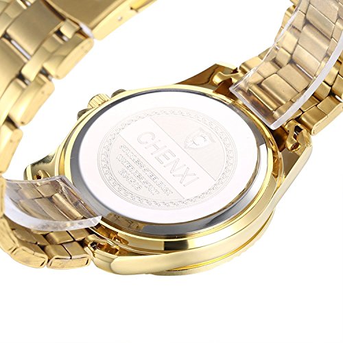 Fanmis Men's Luxury Analog Quartz Watch IP Gold Plating Stainless Steel Black Dial with Rhinestones Business Wrist Watch