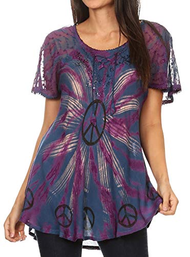 Sakkas 19213 - Aline Women's Short Sleeve Casual Light Loose Scoop Neck Top Blouse Shirt - 19216-TealBlue - OSP