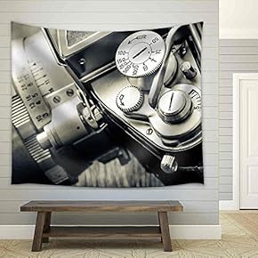 Detail of Old Classic Camera Mechanical dials in Vintage Monochrome Style - Fabric Wall Tapestry Home Decor - 51x60 inches