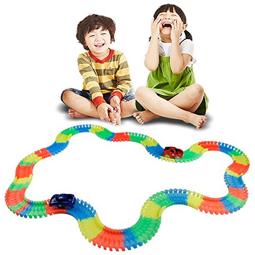 Race Rail Track Assemble Twister Amazing Race Track Kit Set Flexible Bendable Dark Glow,2 Car with Flashing Headlights LD Light,Great gift for Kids Toddlers Boys Girls,220 Pcs - Thumbnail 7