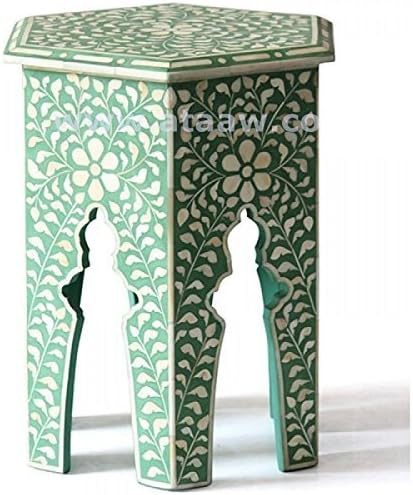 Antique Handcrafted Mother Of Pearl Inlaid Floral Green Small Table Furniture