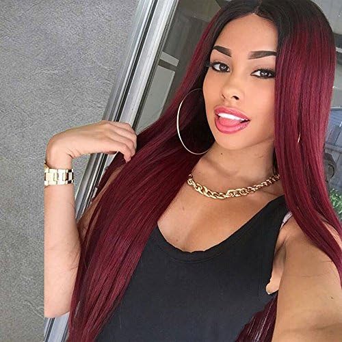 Long Straight Wigs Red Ombre Hair Synthetic Middle Part Wigs for Black Women 2 Tone Dark Roots Hair Heat Resistant Fiber Wig