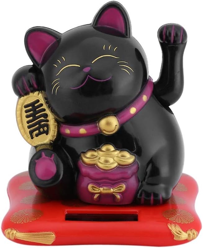 Maneki Neko Fortune Cat - Lucky Cat Car Decor Solar PoweredWealth Welcoming Cute Cat with Waving Arm Home Display Black