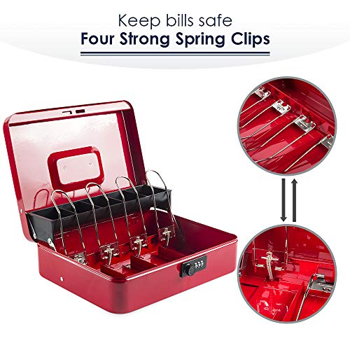 Money Box with Combination Lock, Metal Cash Box with Money Tray, Cash Register,5 Compartments Cantilever Tray & 4 Spring-Loaded Clips for Bills,11.81"x 9.45"x 3.54" Red