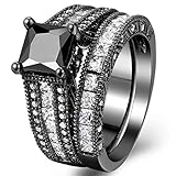FENDINA Women 18K Black Gold Plated Princess Cut Created Black Stones Solitaire Ring Wedding Engagement Band Rings Set