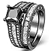 FENDINA Women 18K Black Gold Plated Princess Cut Created Black Stones Solitaire Ring Wedding Engagement Band Rings Set