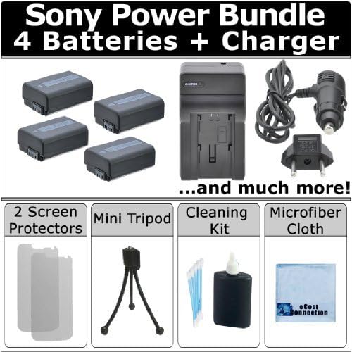 4 NP-FW50 Batteries + Complete Deluxe Starter Kit for NEX-F3 NEX-6 NEX-5R NEX-5T NEX-5T NEX-3 NEX3 NEX-3N NEX3N NEX-5 NEX5 NEX-5N NEX5N NEX-C3 NEXC3 NEX-C5 NEXC5 NEX-7 NEX7 SLT-A33 SLTA33 SLT-A37 SLTA37 SLT-A55 SLTA55 A3000 A5000 A5100 a7S A6000 A7 a7R NEX-5T Sony Camera + AC/DC Turbo Charger with Travel Adapter by eCost