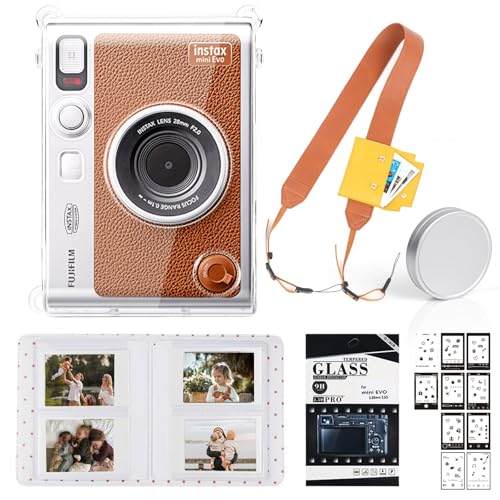 PFUTURE Accessories Kit for Fujifilm Instax Mini EVO Instant Camera - Clear Case, Lens Cap, Adjustable Strap, Mini Photo Album, Screen Protector, DIY Sticker, Brown (No Camera)