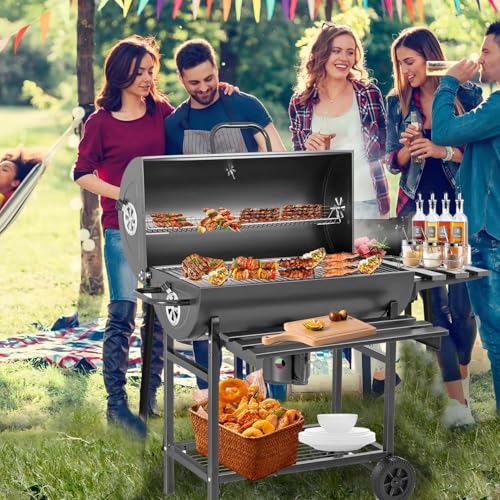 Asador de Carbon Portatil con Ruedas,Sador de Carbon Con Tapa y Doble Nivel,Parrilla Asador de Carbón con Mesa Frontal Lateral,Parrilla de Carbón Premium,Gran Capacidad,para Jardín,Patio