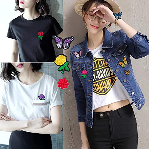 Czorange Butterfly Applique Clothing Iron On Patch Embroidery Applique Patches Rose Flowers for Arts Crafts DIY Decor, Jeans, Jackets, Clothing, Bags (Pack of 40 Pieces)