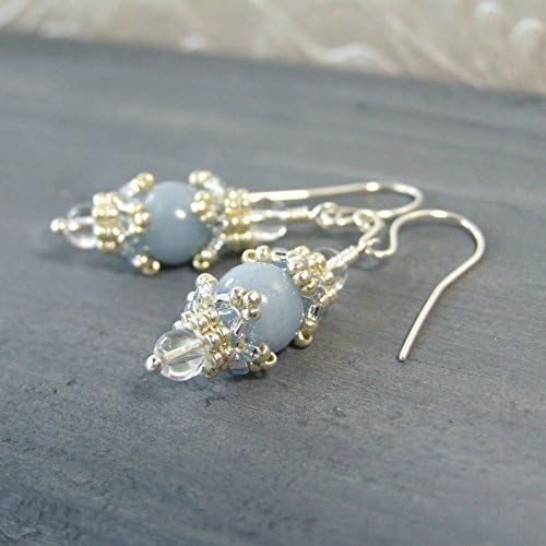 Iris Elm JewelrySmall Handmade Light Blue Angelite and Crystal Beaded Natural Stone Dangle Drop Earrings - Sterling Silver -Genuine Gemstone Jewelry for Women Gifts