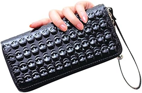Poufuli Zippered Skull Cluth Credit Card Leather Wallets for Women Black