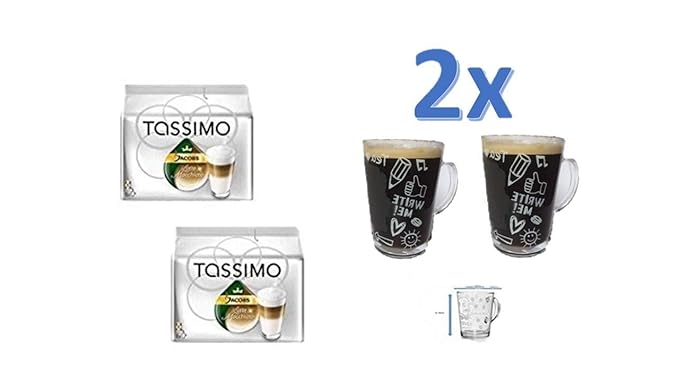 Tassimo Jacobs Krönung Latte Macchiato, 2er Pack (2 x 8 Portionen) + 2 James Premium Gläser mit Henkel