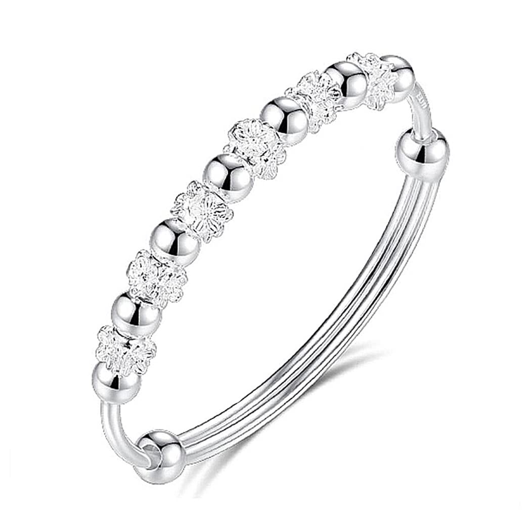 cxwind 925 Sterling Silver Bead Spinner Bangle Bracelet Women Girls Anxiety Freely Unzip Tools Open Adjustable Inspirations Jewelry Gift (03)