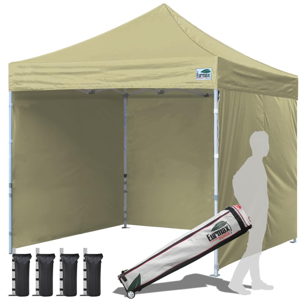 Photo 1 of Eurmax USA 10'x10' Pop-up Canopy Tent Commercial Instant Canopies with 4 Removable Zipper End Side Walls and Roller Bag, Bonus 4 SandBags(Beige)