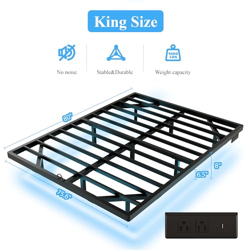 Floating Bed Frame King Size with Smart LED Lights and Charging Station, Heavy Duty Modern Metal Platform Bed No Box Spring Needed - Easy Assembly and Noise Free