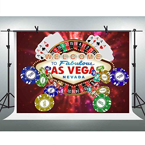 FHZON 10x7ft Welocome to Las Vegas Photo Backdrop Red Light Casino Poker Chip Background Party Wallpaper Shoot Props LXFH539