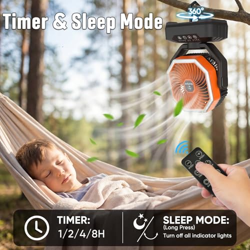 Camping Fan with LED Light, 20000mAh Rechargeable Automatic Vibration Fans for Outdoor Camping Tent with Remote, 4 Speed USB Desk Fan for Fishing, Picnic
