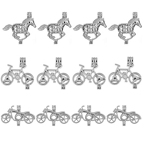 12pcs Mixed Horse Bicycle Motorcycle Transportation Rhodium Plated Hollow Pendants Pearl Bead Cage Pendant Essential Oil Scent Diffuser Pendant Necklace Jewelry Making Supplies (Style5)
