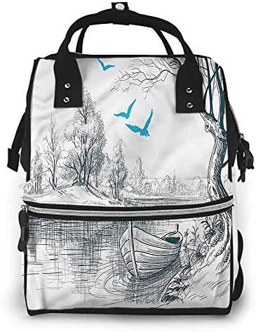Diaper Bag Backpack Nappy Changing Pad, Landscape Boat on River Drawing, Large Capacity, Waterproof and Stylish