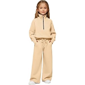 Girls 2 Piece Tracksuit School Solid Quarter Zip Sweatsuit Boys Loose Thumb Hole Lapel Collar Sweatshirt Wide Leg Jogger