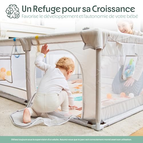 Akeraq Baby Playpen 150 x 150 cm, Padded Playpen with Reversible Mat, Sensory Rattle Plush, Coloured Balls and Support Rings | Sensory rattle plush · exclusive design reversible mat · 4 handles · colorful balls · carry bag | AKERAQ