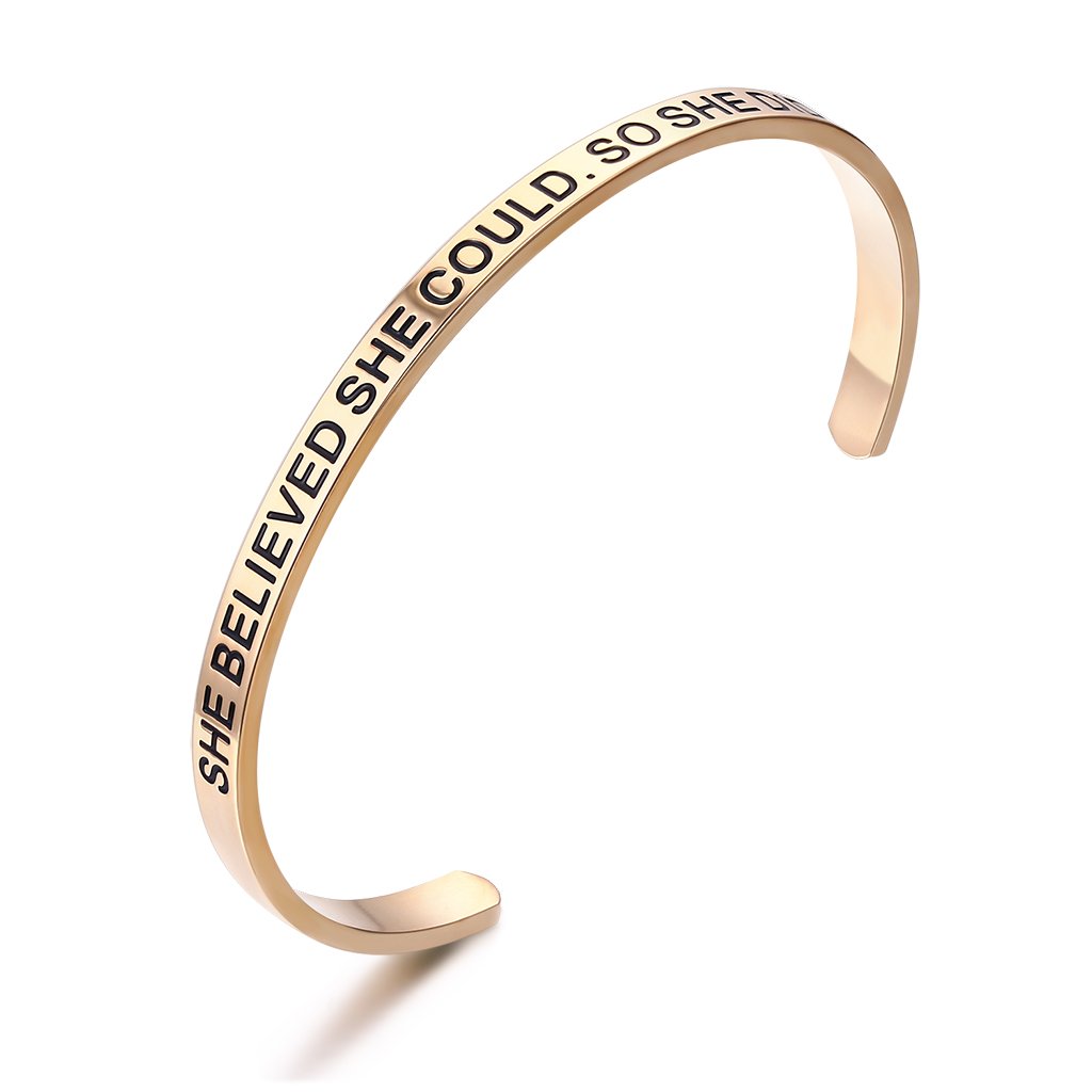LAVUMO Cuff Message Women Bangle Bracelet Stainless Steel Rose Gold Engraved Inspirational Jewelry