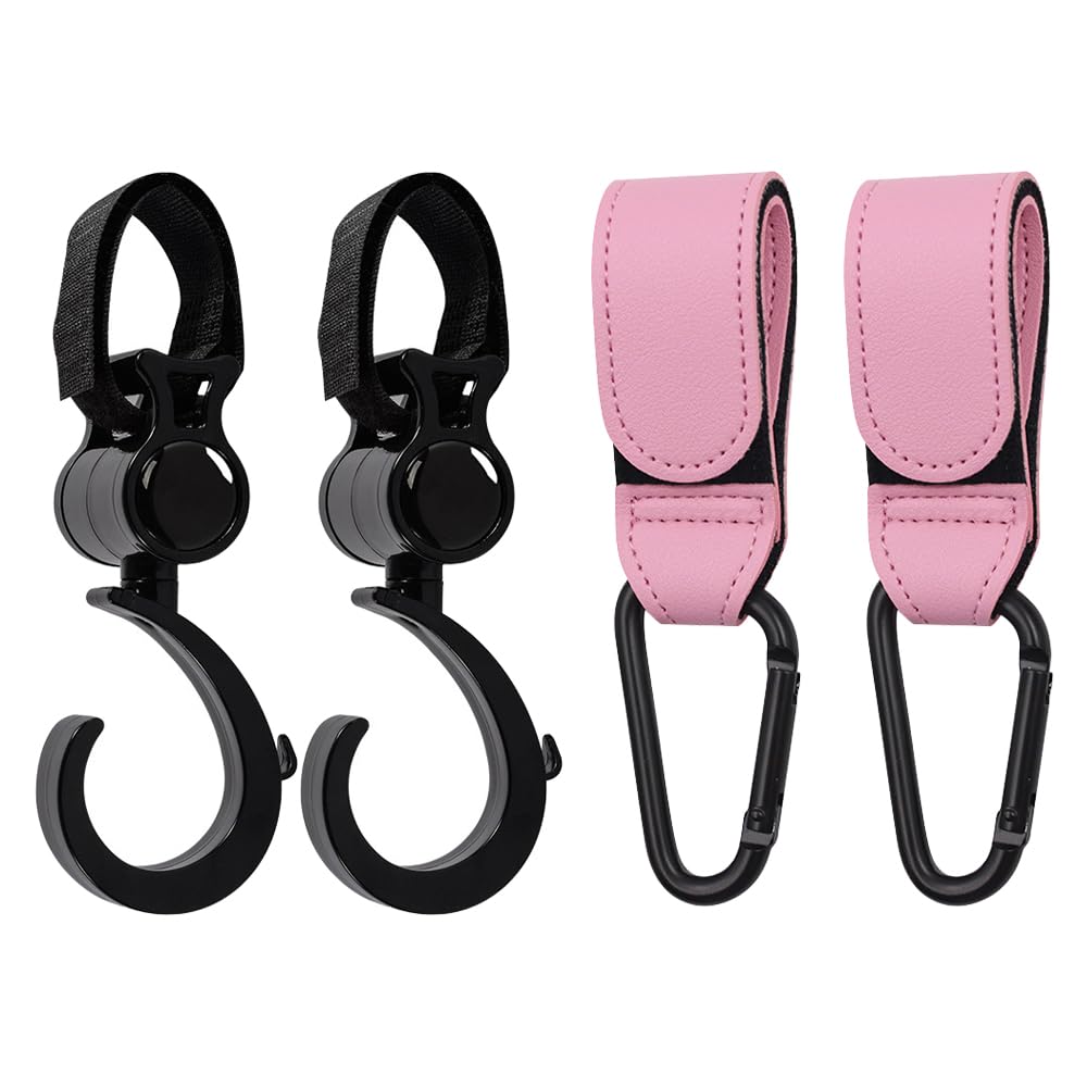 TRKETK 4 Pack Pram Hook Clips, Leather Style Pushchair Hooks 360 Degree Swivel Baby Pushchair Hooks Heavy Duty Stroller Hook Clips Universal Buggy Clips for Backpack Diaper Bag Handbag (Pink+Black)