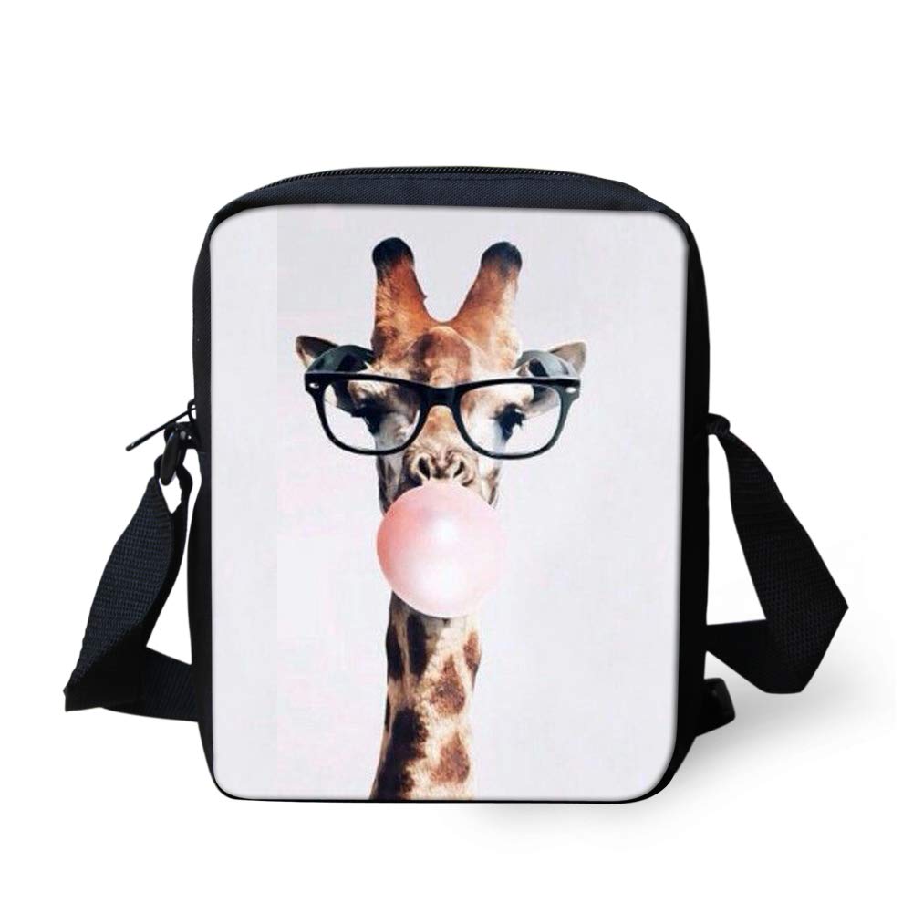 HUGS IDEA Funny Children Mini Crossbody Bags Small Messenger Handbag (Glasses Giraffe Blowing A Balloon)