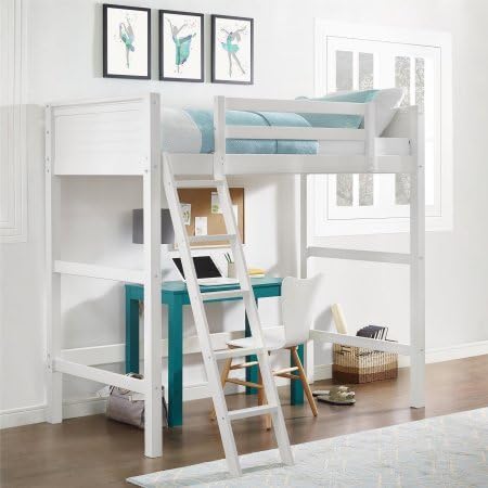 Twin Size Wood Loft Bed in White Color, Pine Construction, Kid's Room Furniture, Solid Panel Headboard and Footboard Included, Support Slats, Bundle with Expert Guide for Better Life