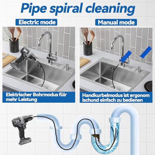 Professional Drain Unblocker 5 m x 12 mm, Sink Unblocker with Crank, 8 Pieces Dredging Cleaner Electric Adapters, Practical and Effective Unblocker for Toilets, Sinks and Drains