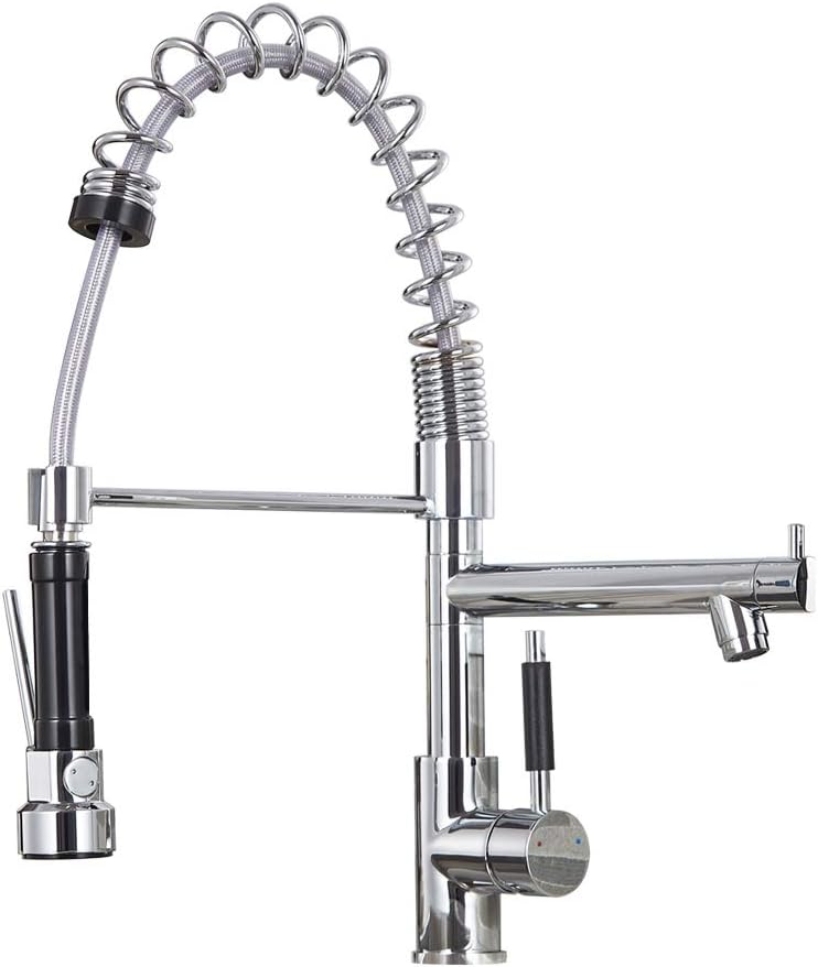 Commercial Chrome Brass 360 Degree Rotation Single Holder Single Hole Two Spouts Kitchen Tap Pull Out Pull Down Sprayer Swivel Mixer Spout Dual Sprayers Kitchen Sink Tap