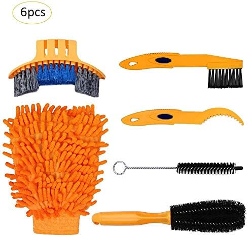 J.ella 6 PCS Bike Cleaning Brush Set,Bicycle Cleaning KIt for Bike Chain/Tire/Sprocket/Wheel Cycling Corner Stain Dirt Clean -Roulette hook + Tire Brushes + Bike Cleaning Gloves