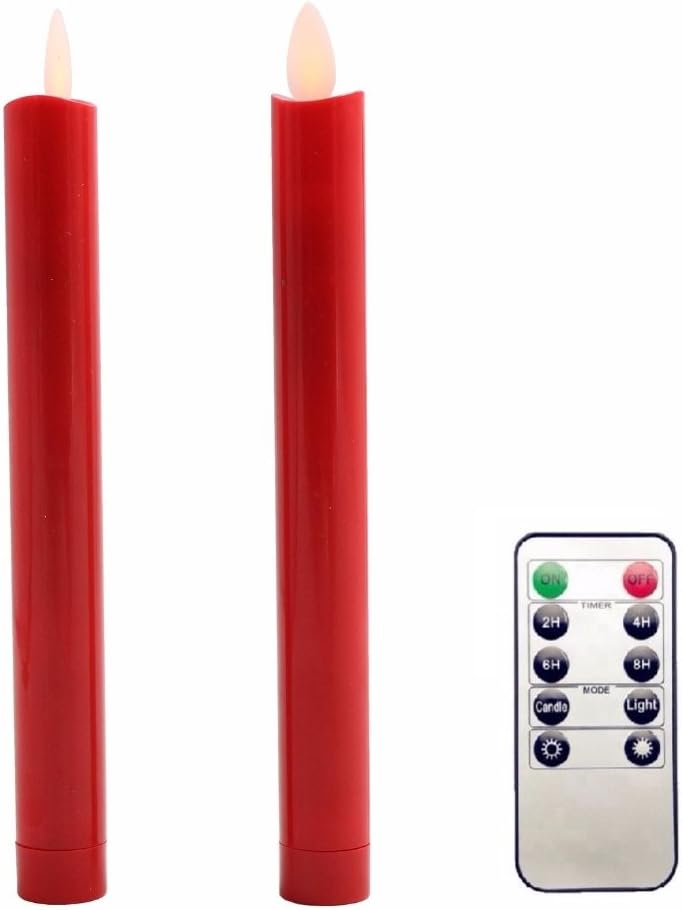 Spottek LED Taper Candles Decorative Flameless Moving Wick Candles with Remote Control Timer Dimmer for Christmas Party Thanksgiving Festivals Decoration (Red, 2)