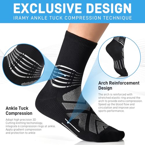 IRAMY Compression Ankle Support Socks Men Running Women Trainer Wicking Plantar Fasciitis Relief Hiking Crew Socks 3 Pairs