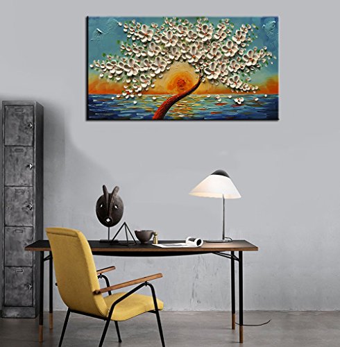 baccow White Oil Paintings 2448, Abstract 3D Flower Wall Decor Blue, Hand Painted Framed Wall Decorations for Living Room Bedroom Dining Room Bathroom Office