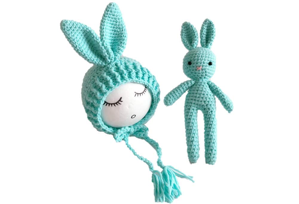 Newborn Baby Crochet Knit Costume Photography Prop Baby Bunny Hat and Doll Set (Blue)
