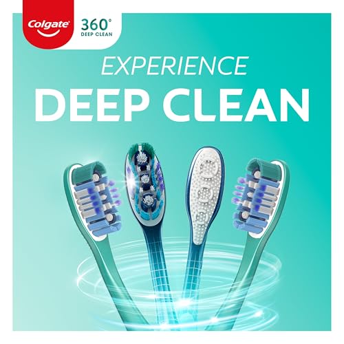 Colgate 360 Deep Clean Soft Toothbrush for 4 in 1 Bacterial Removal, Features Floss Tip Bristles and Tongue Cleaner, 4 Count