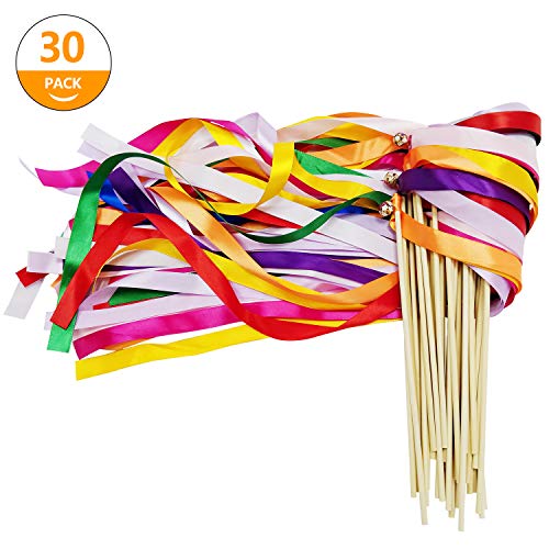 Hangnuo 30 Pack Ribbon Wands Wedding Streamers with Bells, Fairy Stick Wand Party Favors for Baby Shower Holiday Celebration, Mix Color #2 - Thumbnail 7