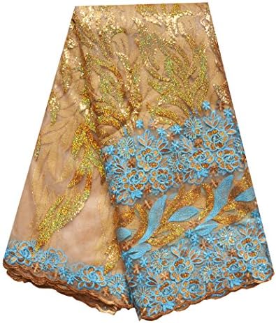 Yw Chan Can 5 Yards African Lace Fabric Nigerian French Fabric Embroidered and Beading Floral Organza Lace DIY Handmade for Dress of Party Wedding us-fabric-021 (blue)