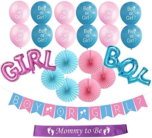 Gender Reveal Party Supplies Kit | Boy or Girl Banner and Balloons | Baby Shower Decorations | Boy and Girl Foil Balloons | Pink and Blue Paper Fans | Mommy to Be Sash