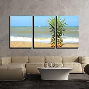 3 Piece Canvas Wall Art - Pineapple on The Beach with Blue Sky - Modern Home Art Stretched and Framed Ready to Hang - 16"x24"x3 Panels